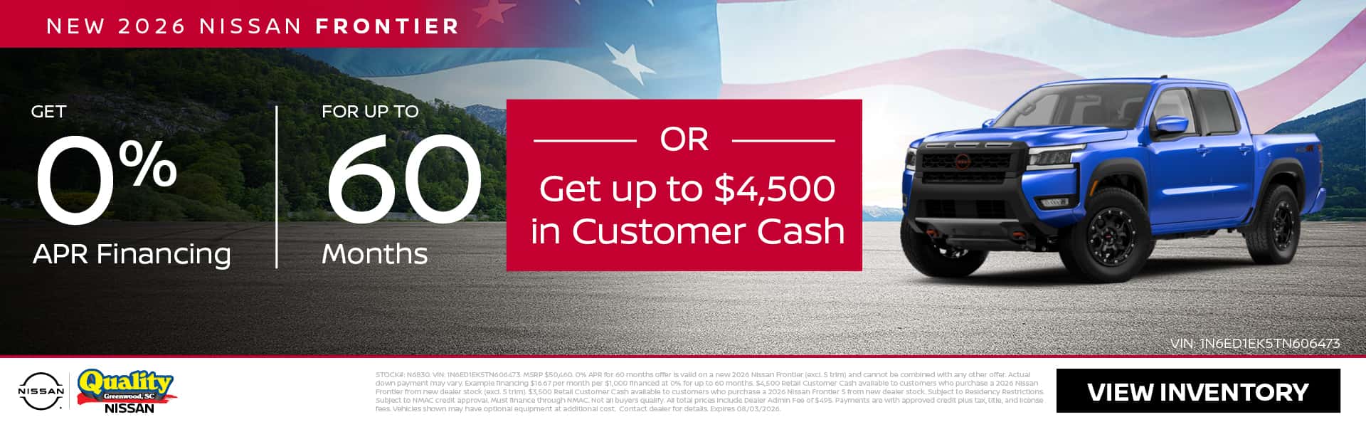 Get 0% Financing for up to 60 Months OR up to $4,500 Customer Cash on a new 2026 Frontier