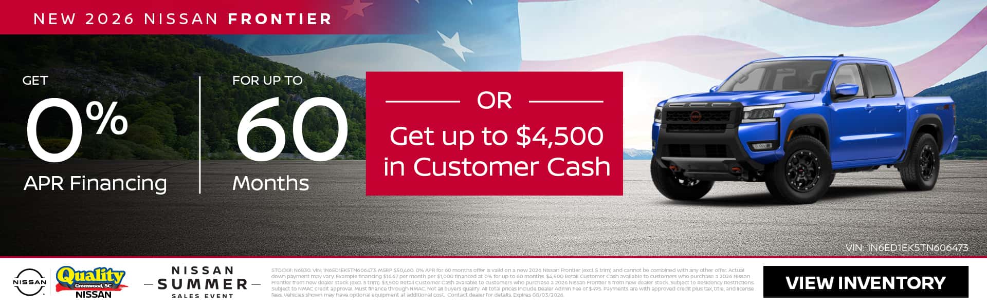 Get 0% Financing for up to 60 Months OR up to $4,500 Customer Cash on a new 2026 Frontier