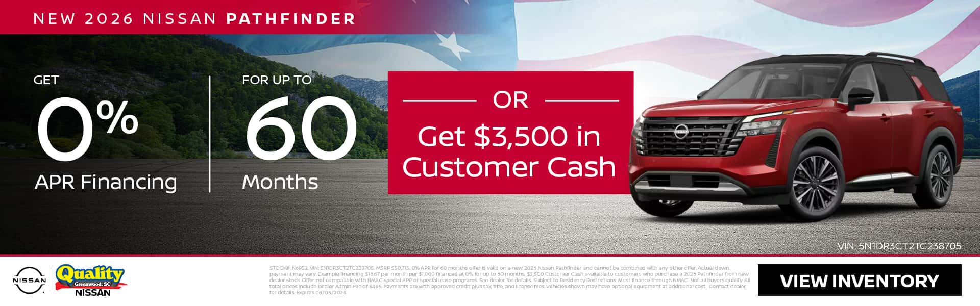 Get 0% Financing for up to 60 Months OR $3,500 Customer Cash on a new 2026 Pathfinder