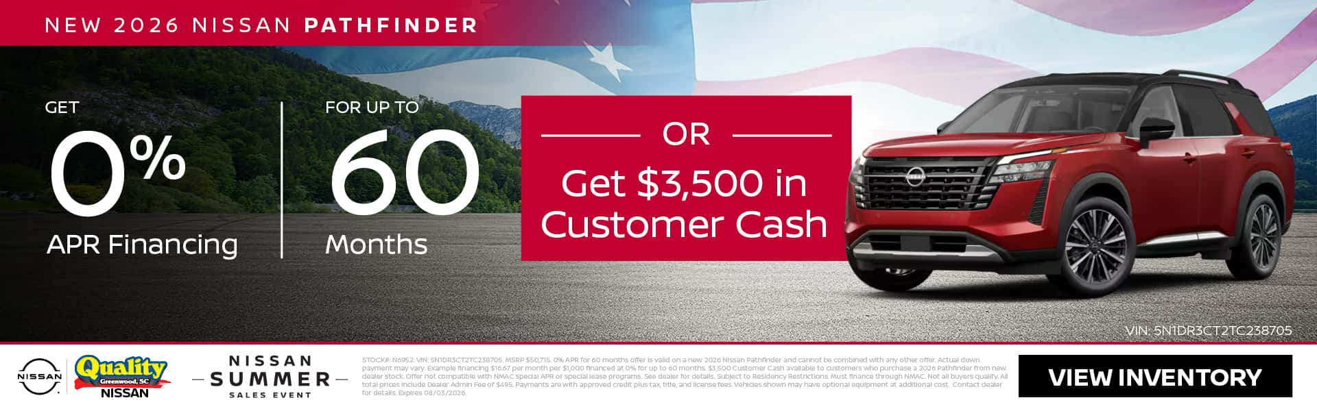 Get 0% Financing for up to 60 Months OR $3,500 Customer Cash on a new 2026 Pathfinder