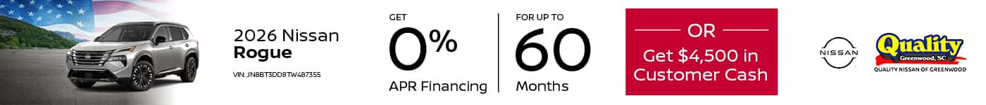Get 0% Financing for up to 60 Months OR up to $4,500 Customer Cash on a new 2026 Rogue