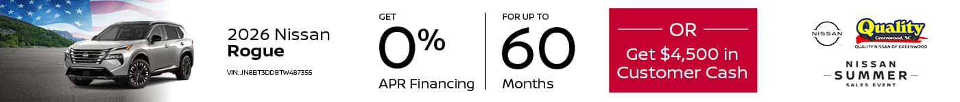 Get 0% Financing for up to 60 Months OR up to $4,500 Customer Cash on a new 2026 Rogue