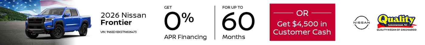 Get 0% Financing for up to 60 Months OR up to $4,500 Customer Cash on a new 2026 Frontier
