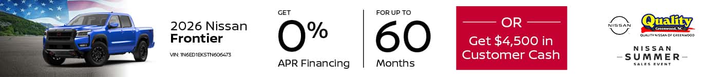 Get 0% Financing for up to 60 Months OR up to $4,500 Customer Cash on a new 2026 Frontier