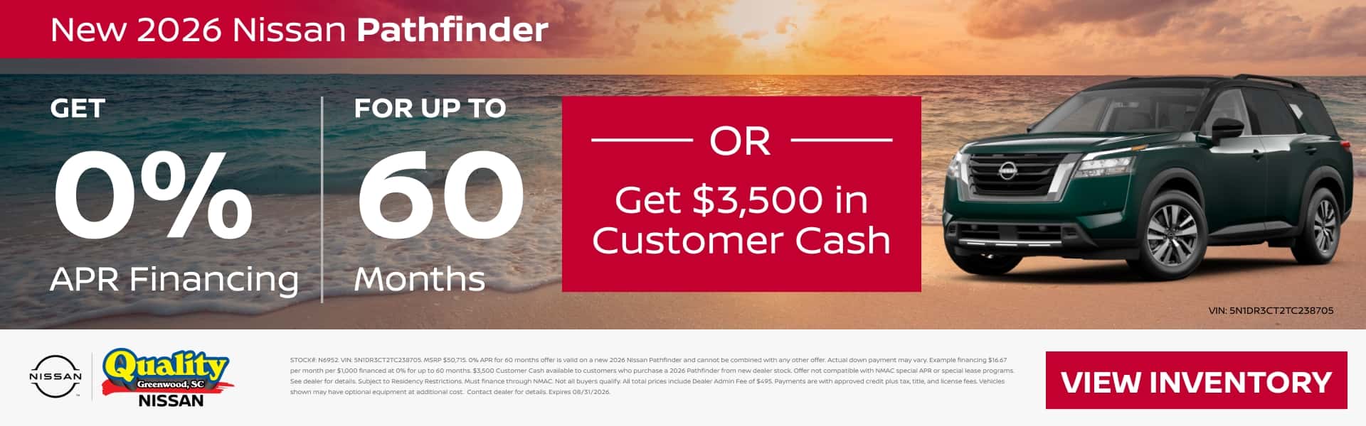 Get 0% Financing for up to 60 Months OR $3,500 Customer Cash on a new 2026 Pathfinder