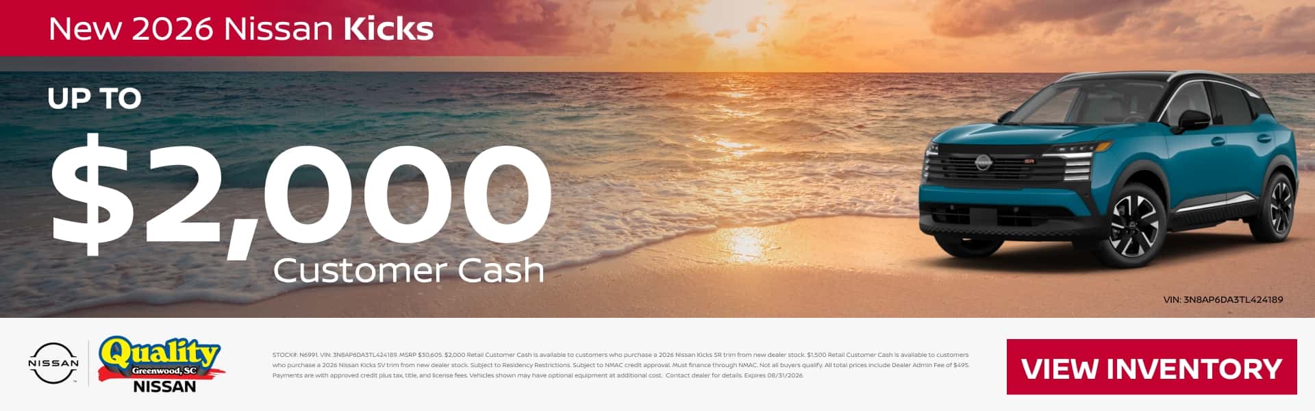 Up to $2,000 Customer Cash on a new Nissan Kicks