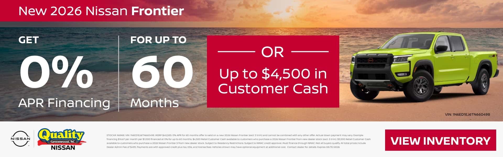 0% Financing for up to 60 Months OR up to $4,500 Customer Cash on a new Nissan Frontier