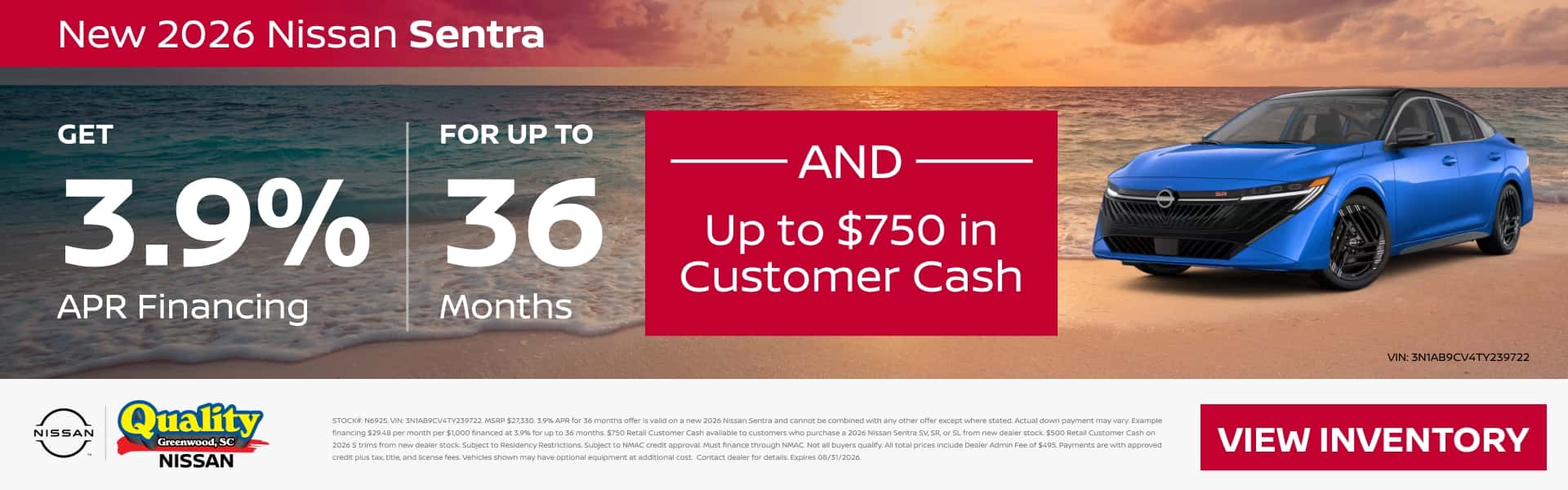 3.9% Financing for up to 36 Months & up to $750 Customer Cash on a new Sentra