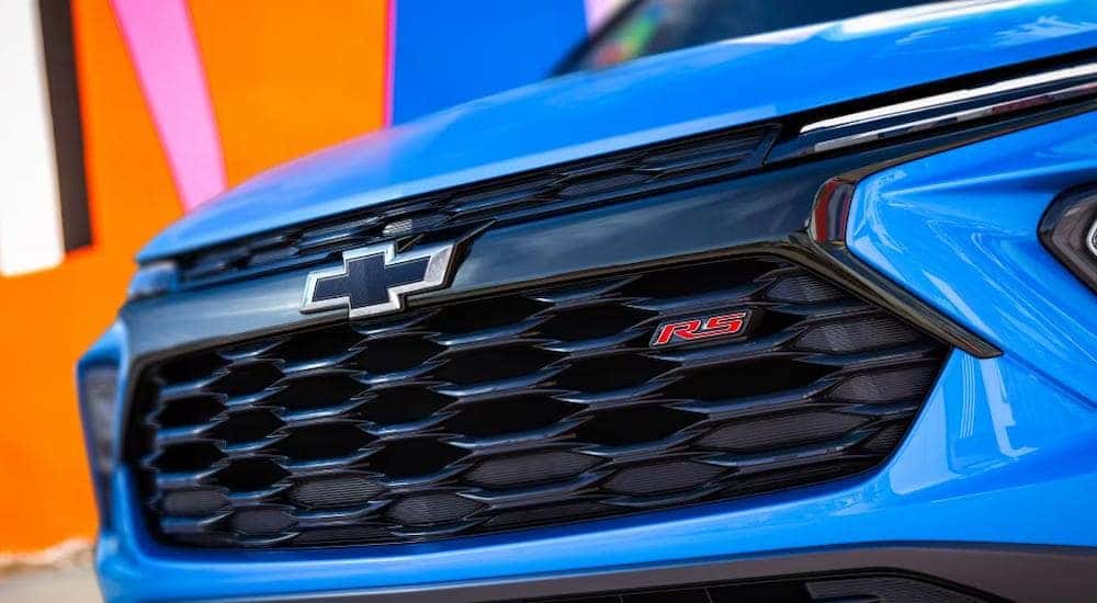 A close up of a grille on a 2024 Chevy Trailblazer RS is shown at a Rayville, LA Chevrolet dealer.