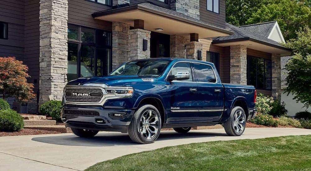 A blue 2023 Ram 1500 is shown from the front at an angle.