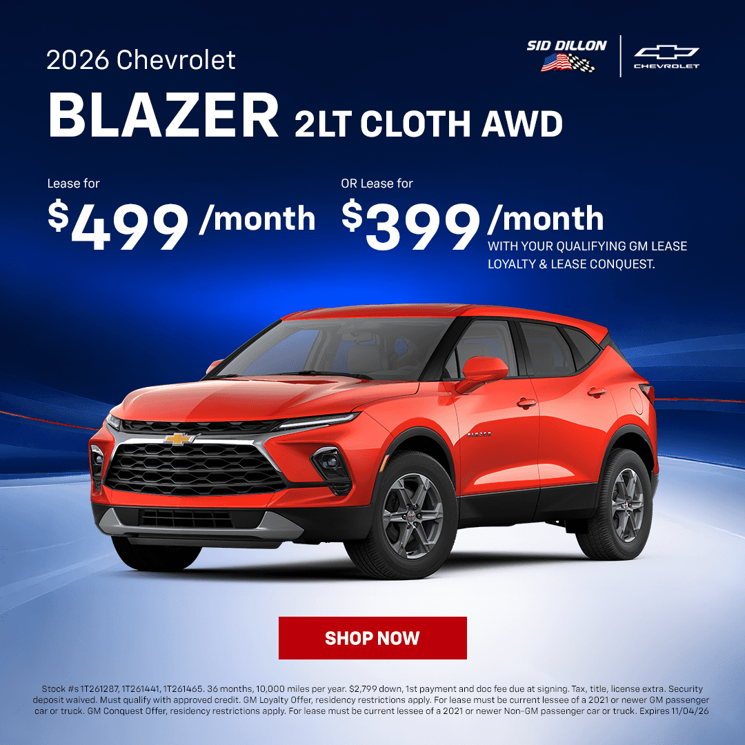 2026 Chevrolet Blazer 2LT Cloth AWD October lease special at Sid Dillon Chevrolet Wahoo