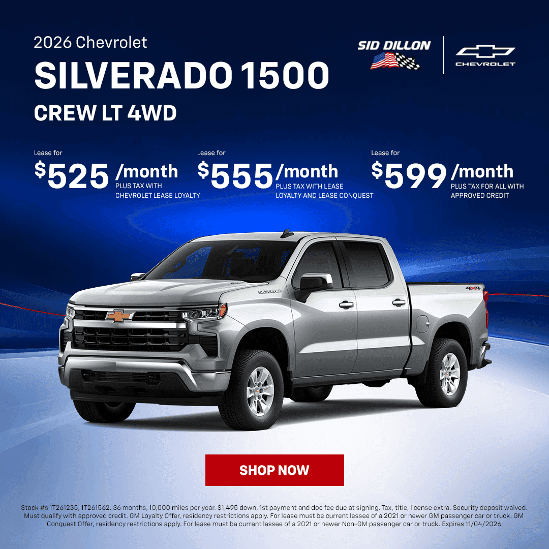 2026 Chevrolet Silverado 1500 Crew Cab LT 4WD October lease options at Sid Dillon Chevrolet Wahoo