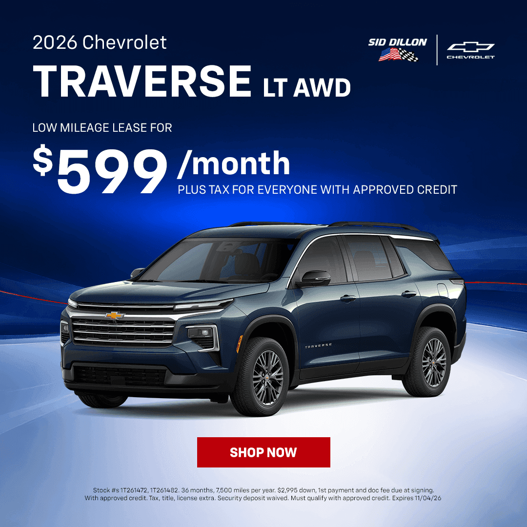2026 Chevrolet Traverse LT AWD October low-mileage lease offer at Sid Dillon Chevrolet Wahoo