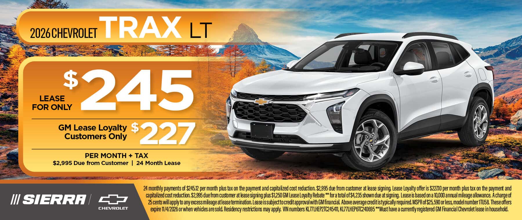2026 Chevrolet Trax LT lease special at Sierra Chevrolet in Monrovia, CA
