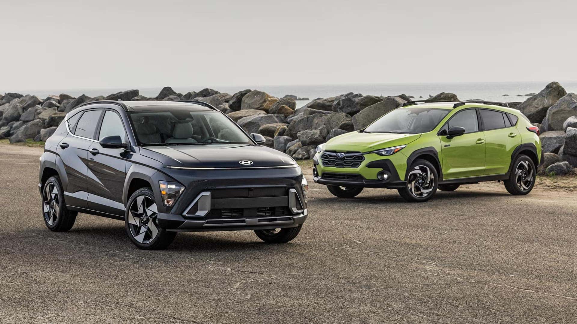 2026 Hyundai Kona next to a 2026 Subaru Crosstrek