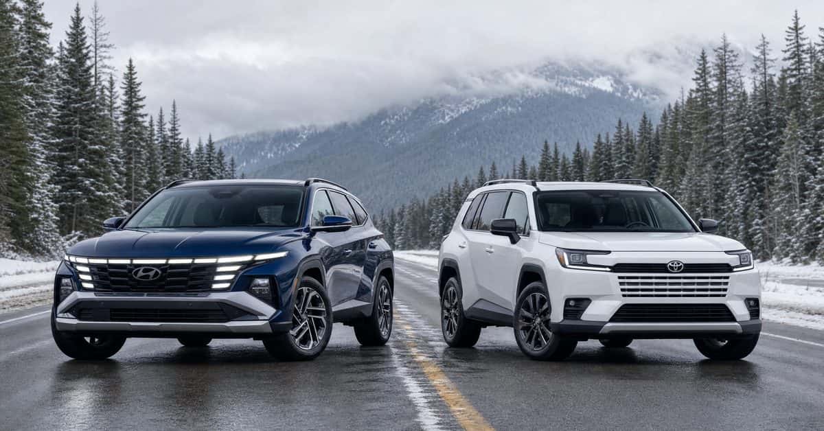 2026 Hyundai Tucson Hybrid vs Toyota Rav4 Hybrid side by side on winter highway near Spokane