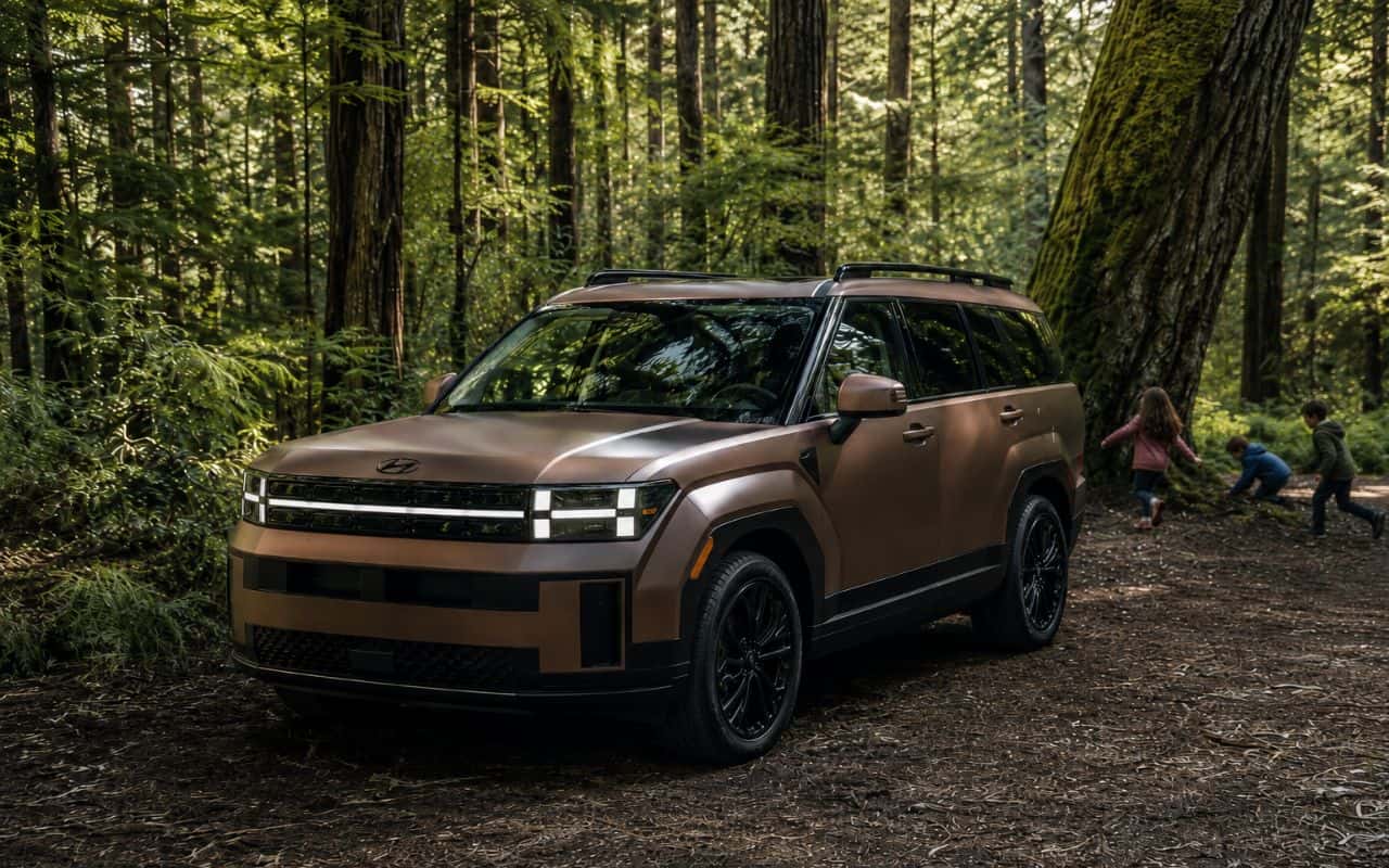2026 Hyundai Santa Fe parked in a forest while kids play nearby