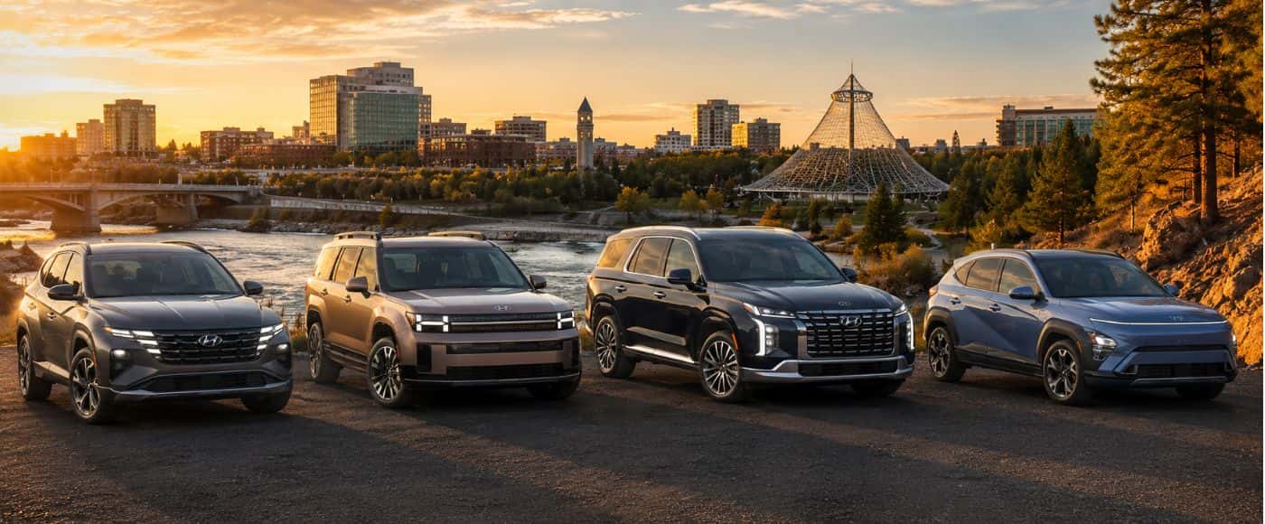 2026 Hyundai Tucson, Santa Fe, Palisade and Kona overlooking Spokane River and downtown Spokane at sunset