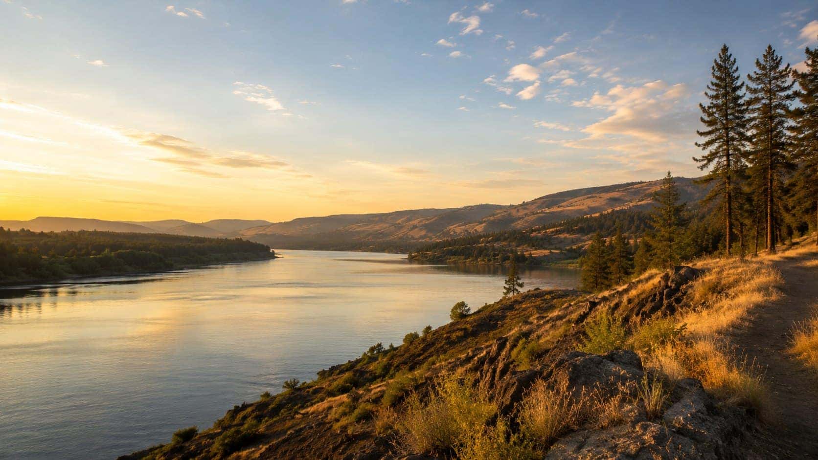 Inland Northwest water, forests, and mountains at golden hour