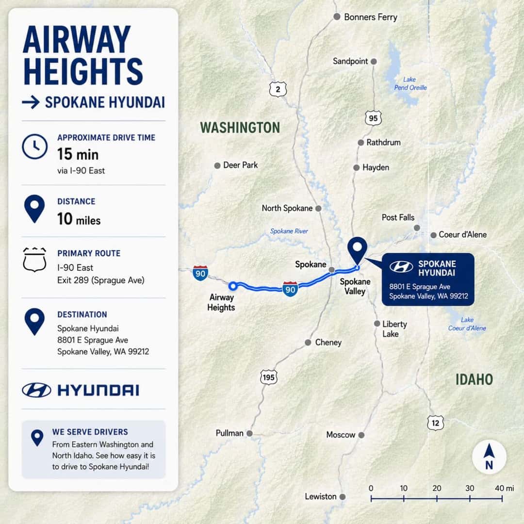 Route map from Airway Heights to Spokane Hyundai in Spokane Valley via US-2 and I-90
