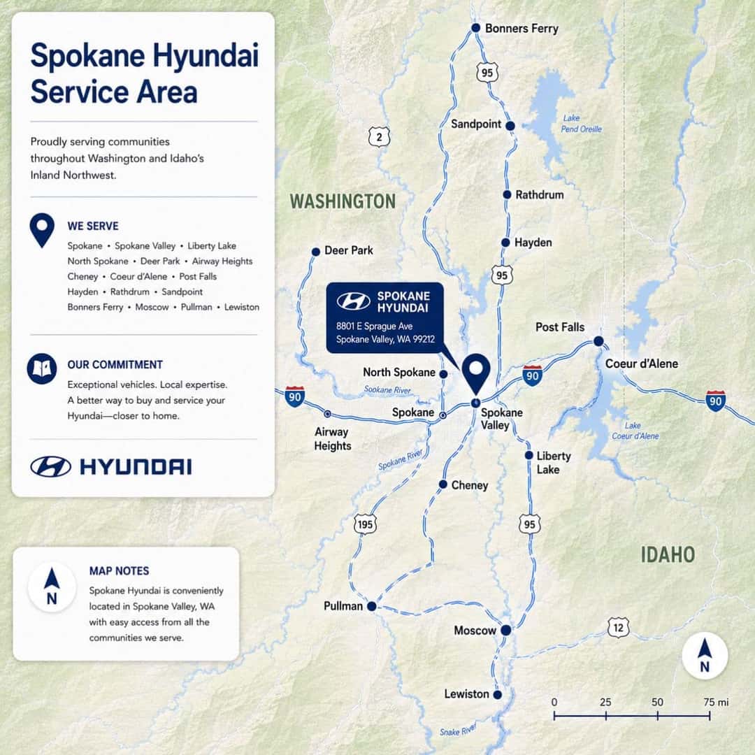 Regional map showing Spokane Hyundai serving Eastern Washington, the Inland Northwest, the Palouse, and North Idaho