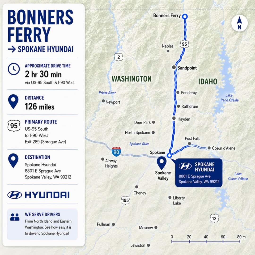 Bonners Ferry to Spokane Hyundai route map showing US-95 South, I-90 West, and the dealership destination