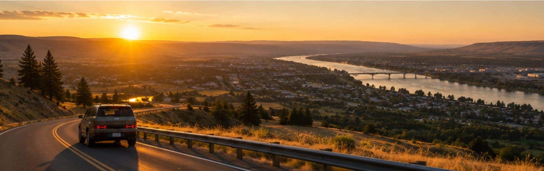 Golden-hour descent toward Lewiston and the river valley