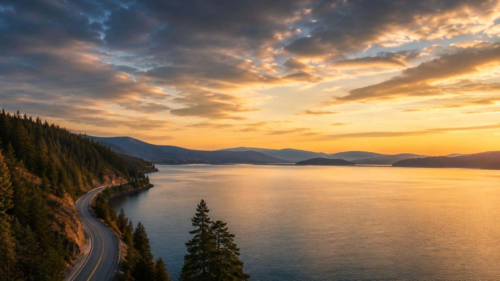 Scenic Lake Coeur d’Alene shoreline and forested hills