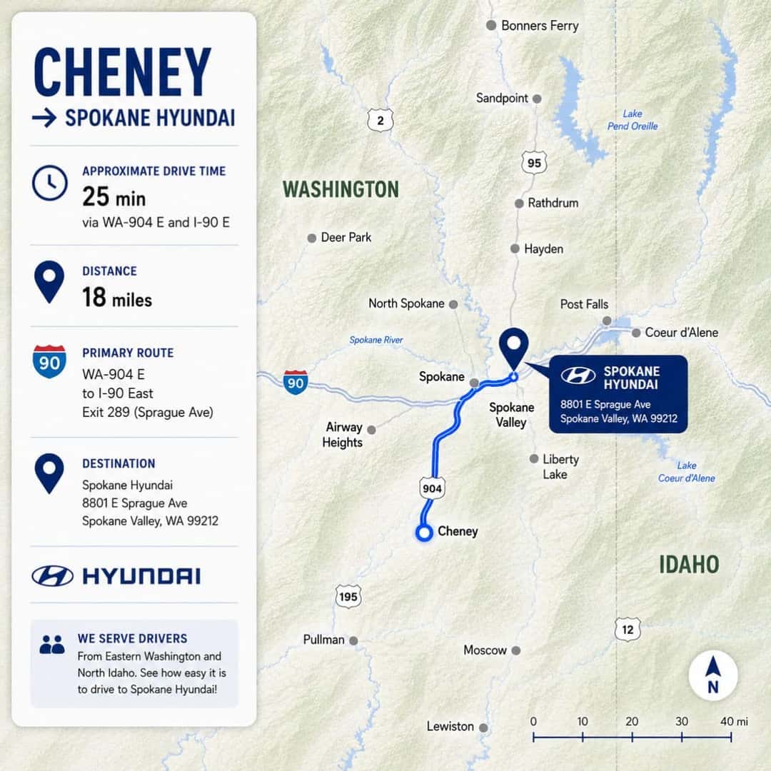 Route map from Cheney to Spokane Hyundai in Spokane Valley via SR-904 and I-90