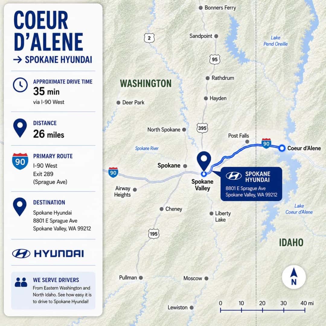 Route map from Coeur d’Alene to Spokane Hyundai in Spokane Valley via I-90 West