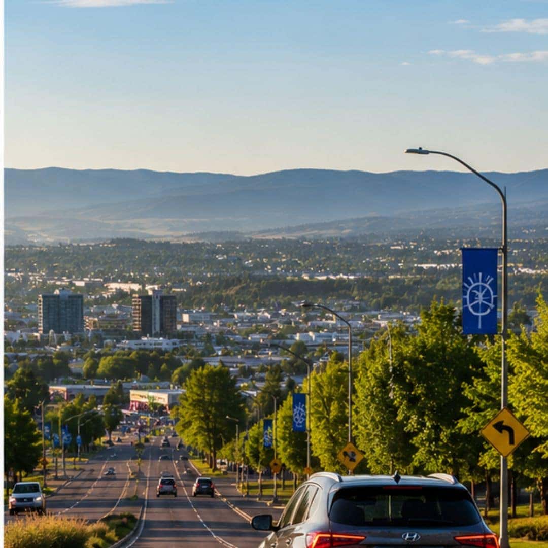 Hyundai driving through Spokane Valley during golden hour