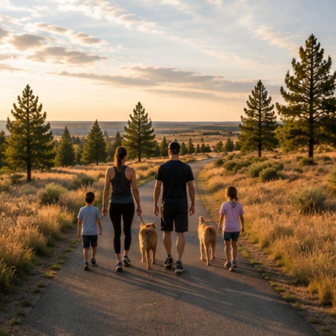 Family walking along a paved trail through the West Plains landscape in Airway Heights at golden hour