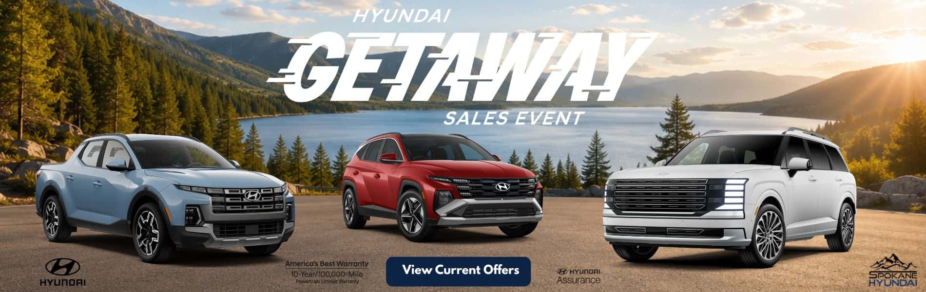 Hyundai Getaway Sales Event desktop banner featuring Hyundai vehicles in a scenic Inland Northwest mountain and lake setting