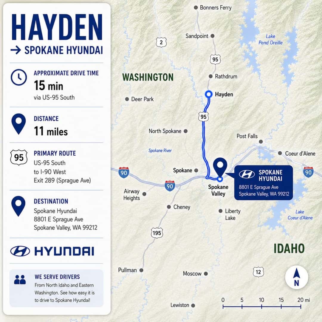 Hayden to Spokane Hyundai route map showing US-95 South, I-90 West, and the dealership destination