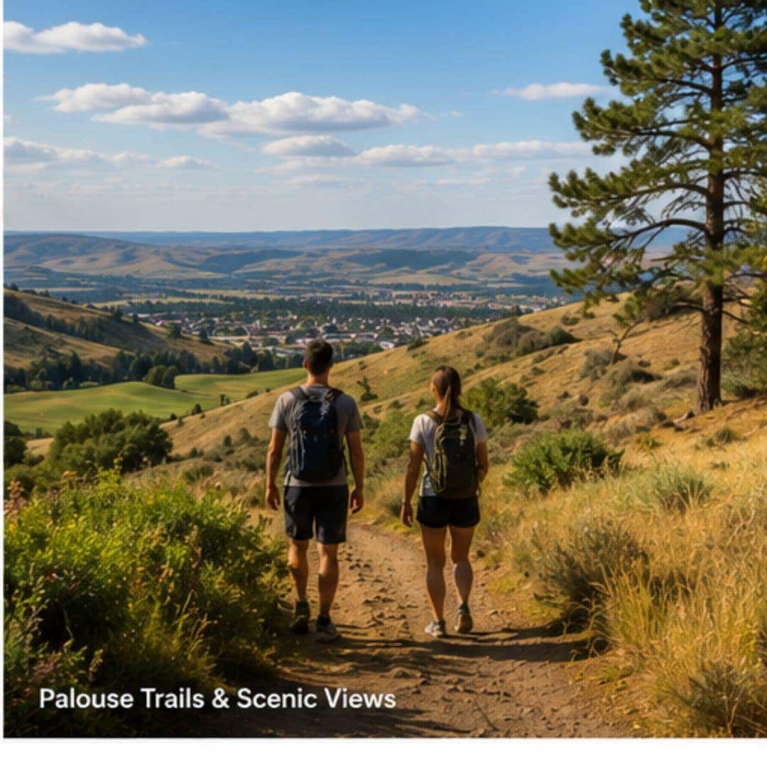 Hiking trail overlooking the rolling Palouse hills near Pullman on a sunny afternoon