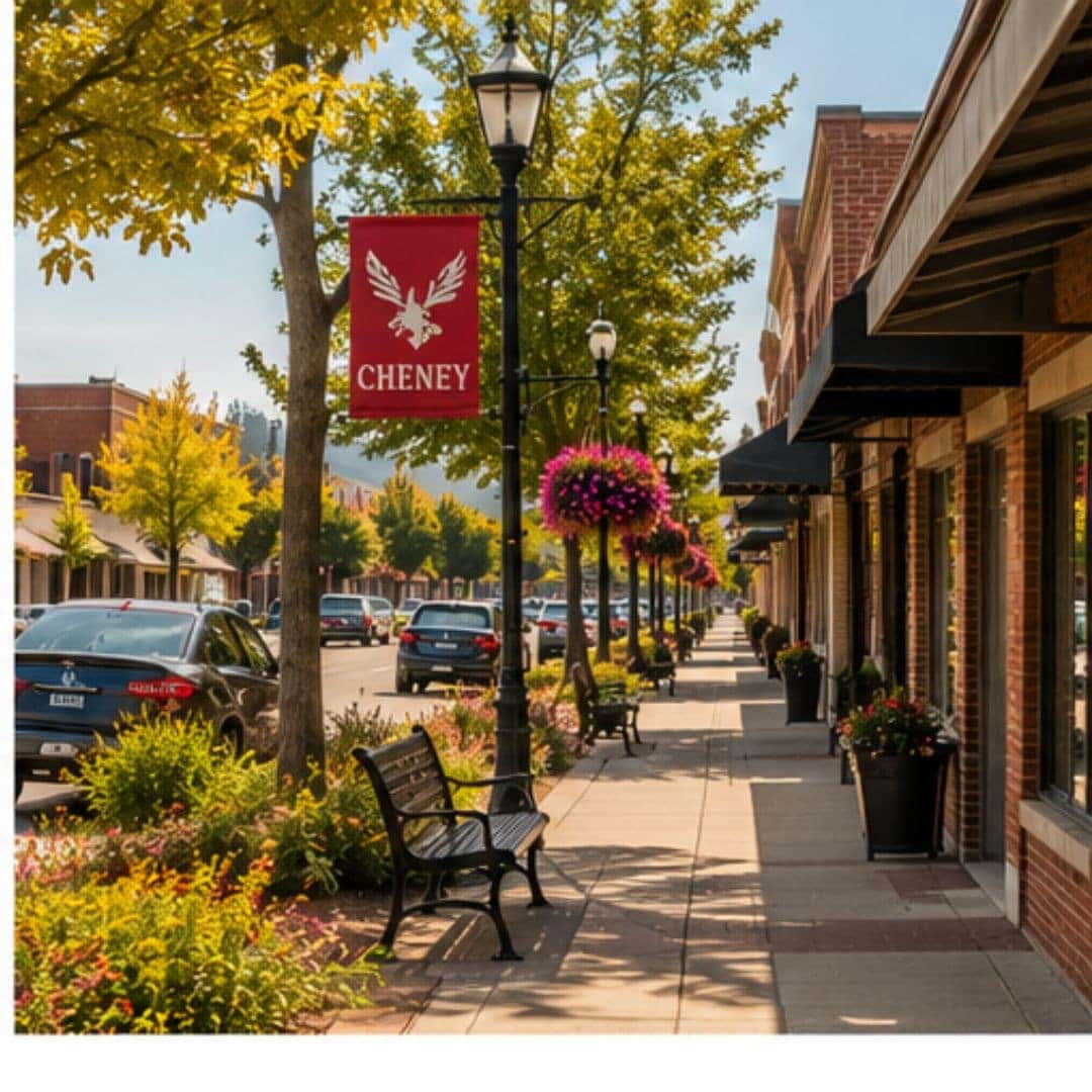 Historic downtown Cheney with tree-lined streets and local small-town character