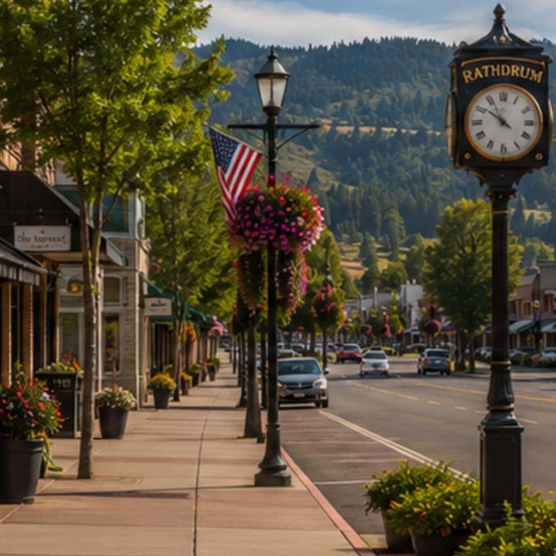Historic downtown Rathdrum with tree-lined streets and small-town character