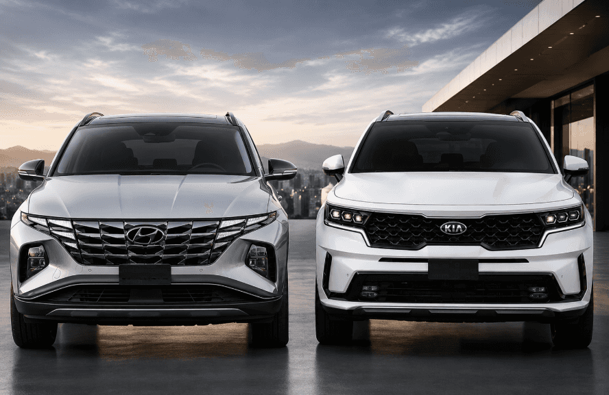 Hyundai Tucson vs. Kia Sorento comparison with both SUVs shown side by side against a scenic city and mountain backdrop.
