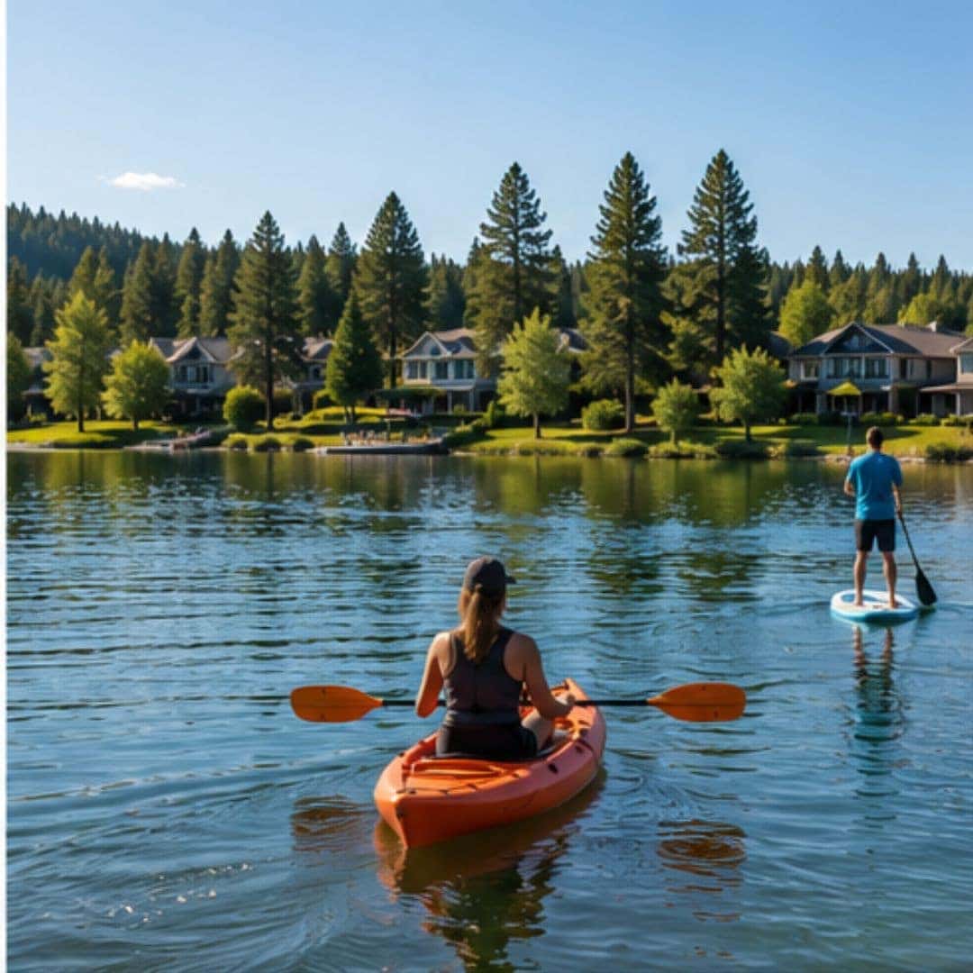 Kayaking and paddleboarding on Liberty Lake surrounded by evergreen forests and waterfront homes