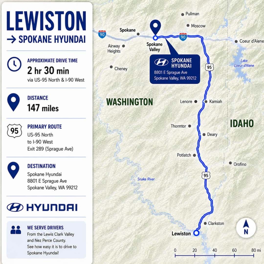 Lewiston to Spokane Hyundai route map showing US-95 North, US-195, I-90, and the dealership destination
