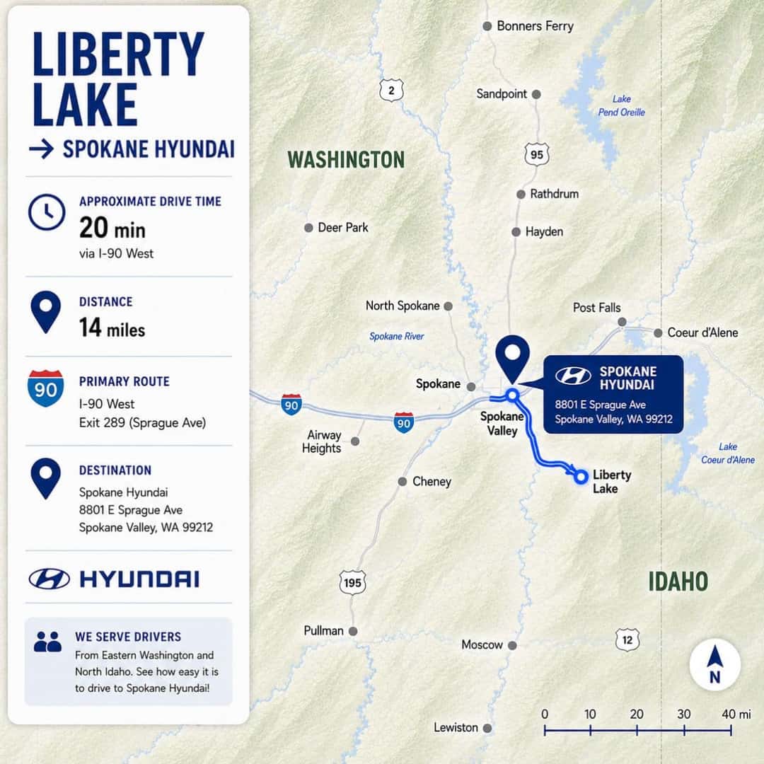 Route map from Liberty Lake to Spokane Hyundai in Spokane Valley via I-90 West