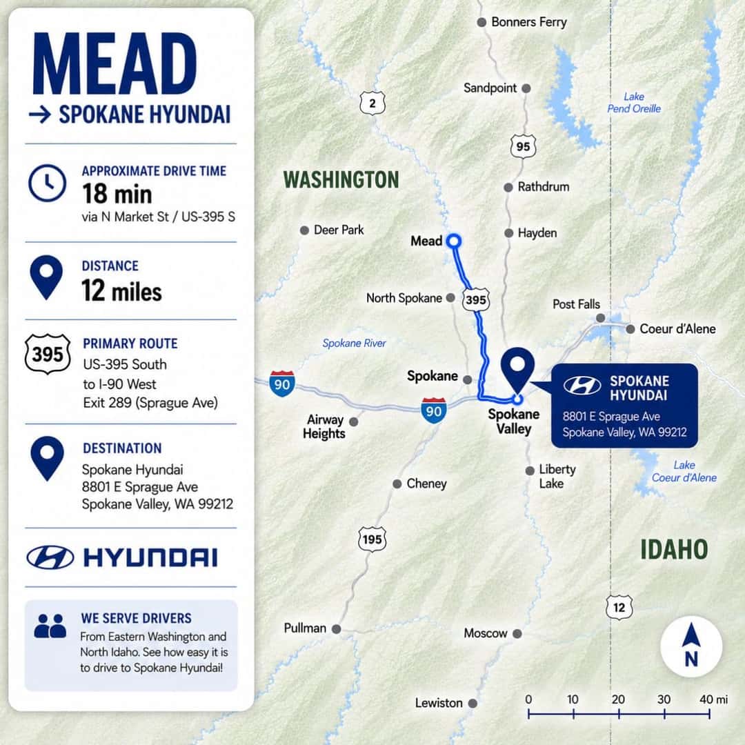 Route map from Mead to Spokane Hyundai in Spokane Valley