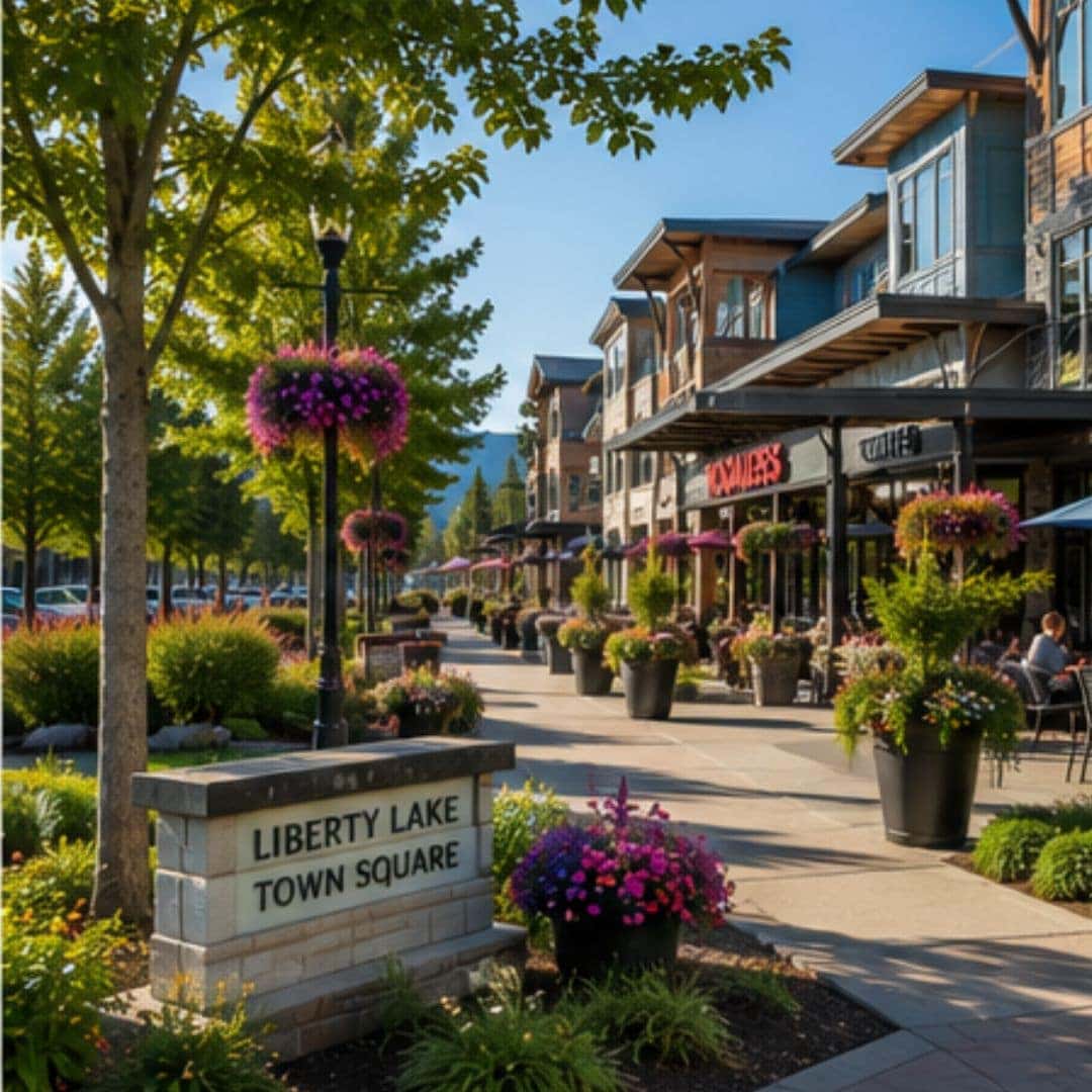 Modern Liberty Lake town center with landscaped sidewalks, local shops, and tree-lined streets