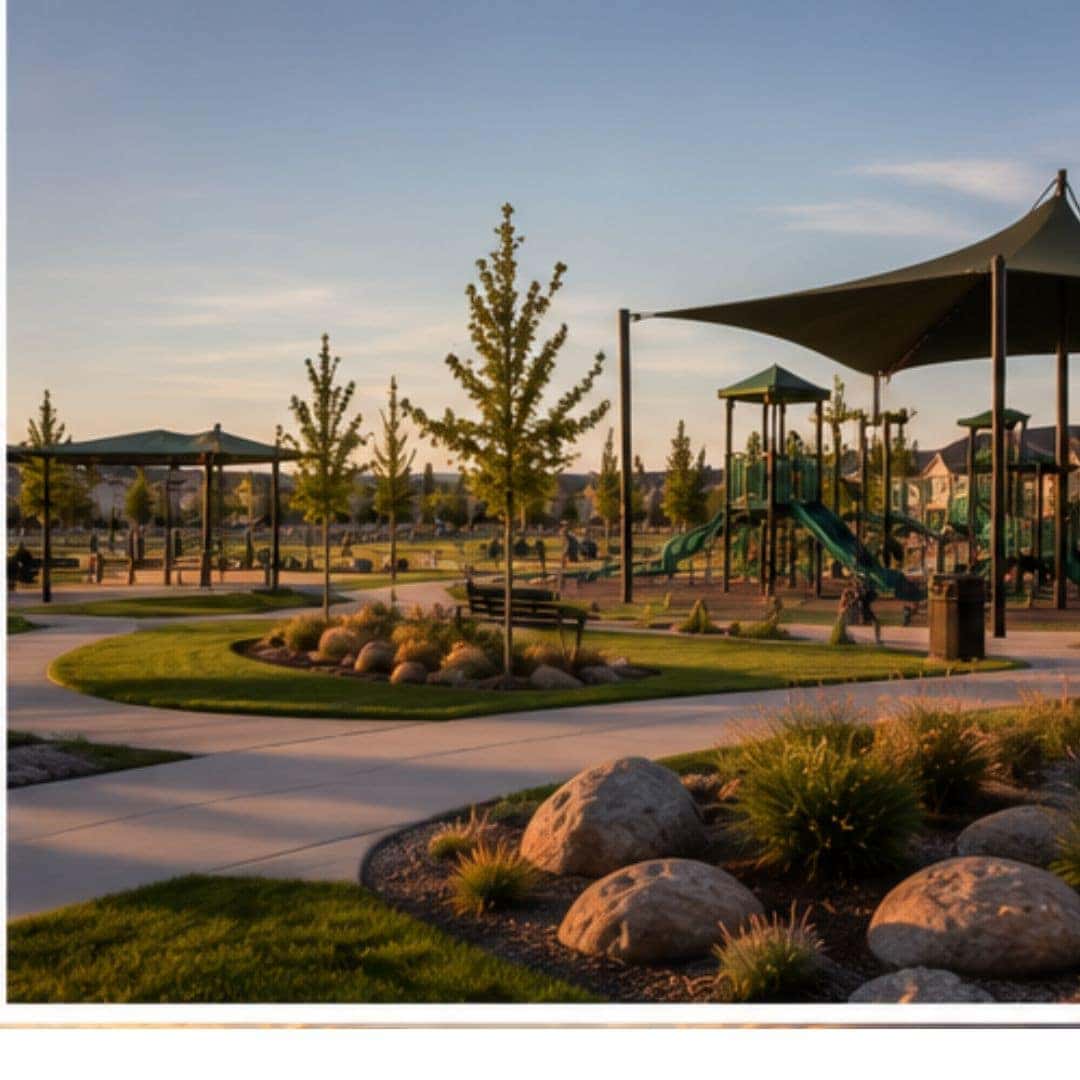 Modern community park in Airway Heights with walking paths, playground, native landscaping, and open green space