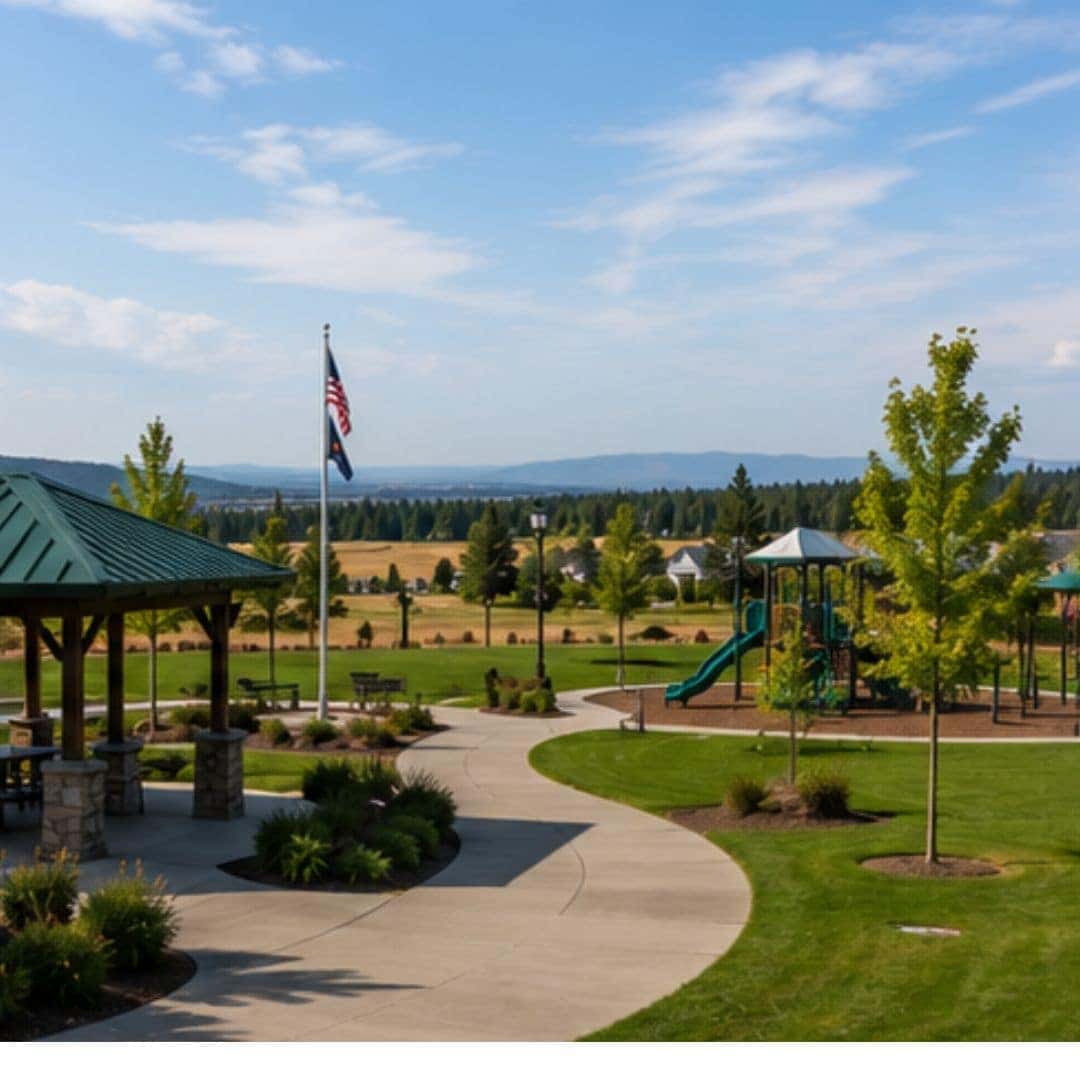 Modern community park in Mead with walking paths, open green space, and family recreation