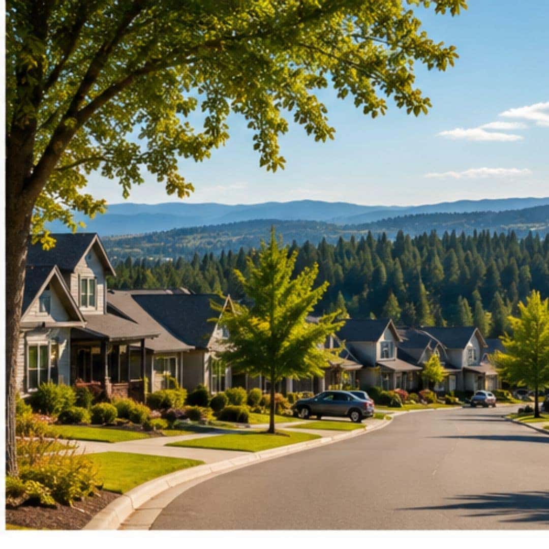 Modern residential neighborhood in North Spokane with tree-lined streets and mountain views