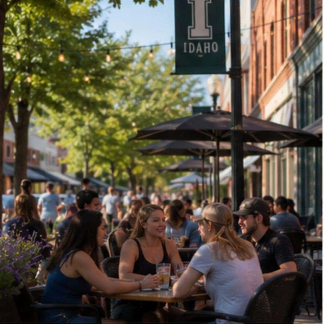 University students gathering on an outdoor patio in Moscow, Idaho