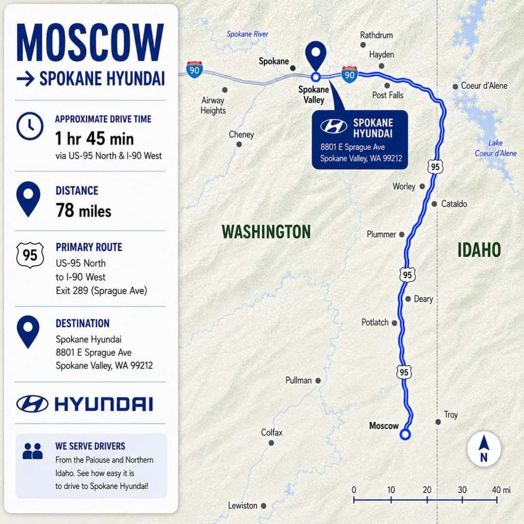 Moscow to Spokane Hyundai route map showing regional routes to the dealership destination
