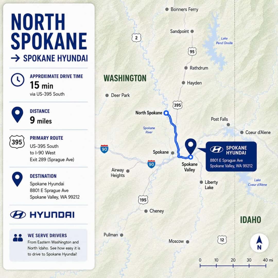 Route map from North Spokane to Spokane Hyundai in Spokane Valley
