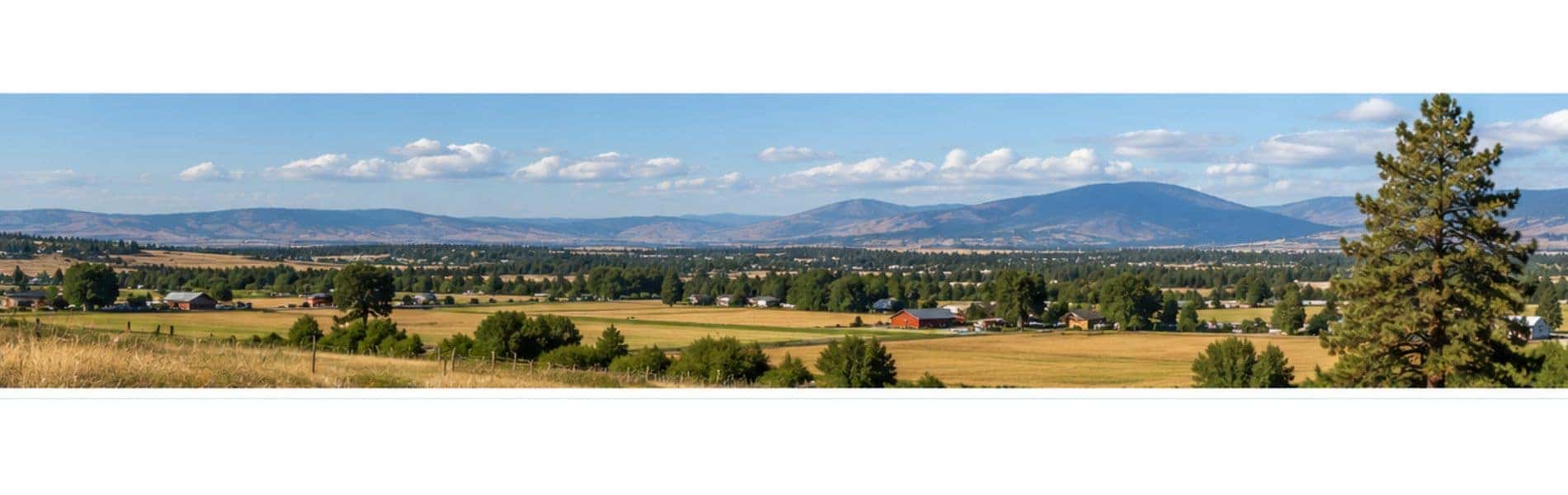 Panoramic view of Mead with rolling farmland, pine forests, and mountain scenery